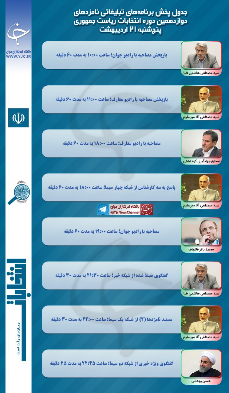 برنامه نامزدهای انتخابات ریاست جمهوری در رسانه ملی در بیست و یکمین روز اردیبهشت برنامه نامزدهای انتخابات در رسانه ملی