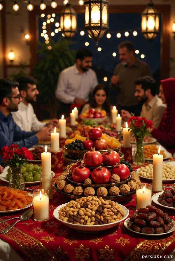 چیدمان فانتزی میز یلدا برای خانواده 
