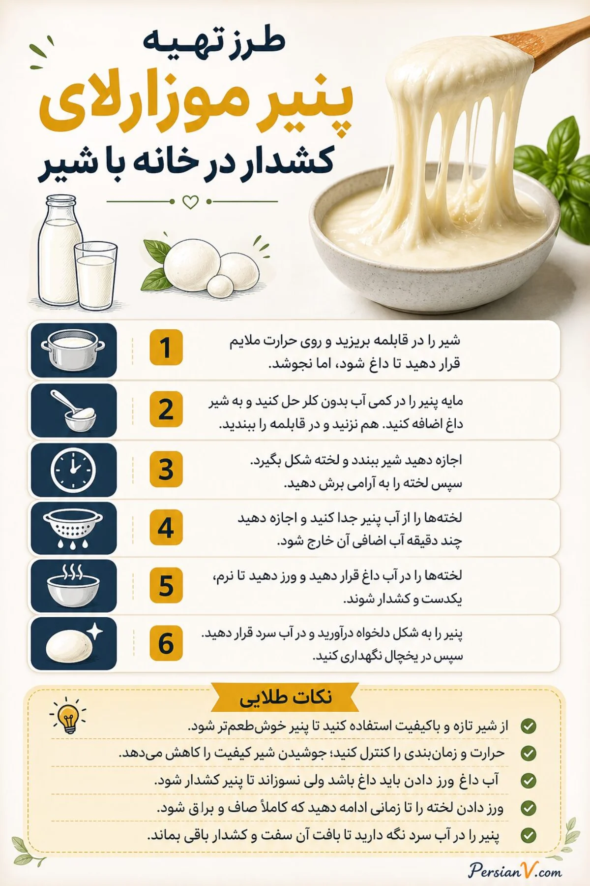 طرز تهیه پنیر موزارلای کشدار در خانه