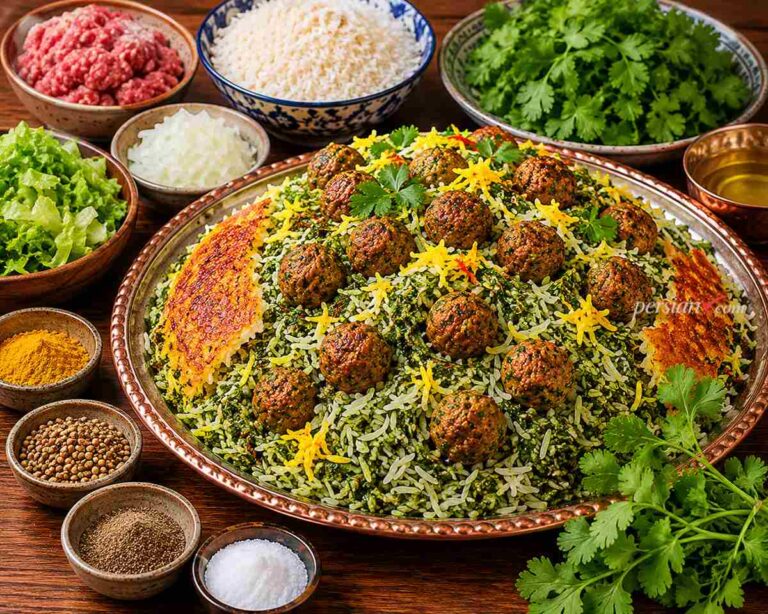 گشنیز پلو با کوفته قلقلی | آموزش کامل طرز تهیه مجلسی