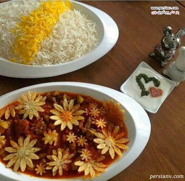قیمه پلو با قالب گل مینا ساده و شیک تزیین قیمه پلو
