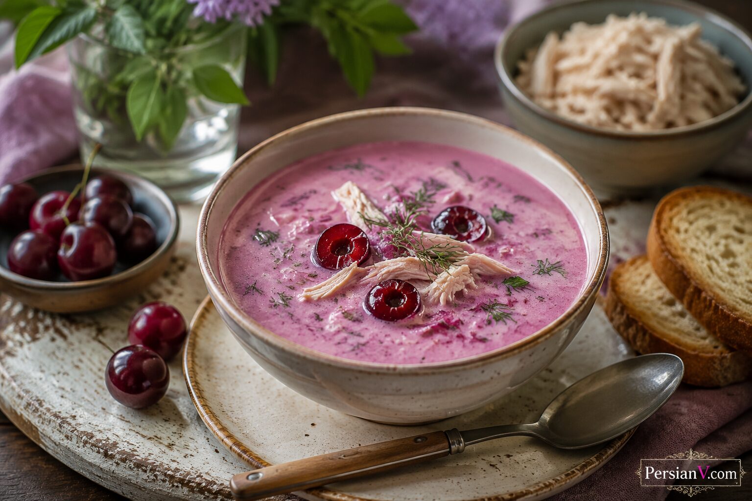 سوپ سرد مرغ آلبالو