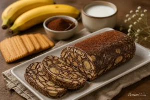 شیرینی یخچالی با بیسکویت ساقه طلایی و موز؛ ساده ، فوری و بدون فر