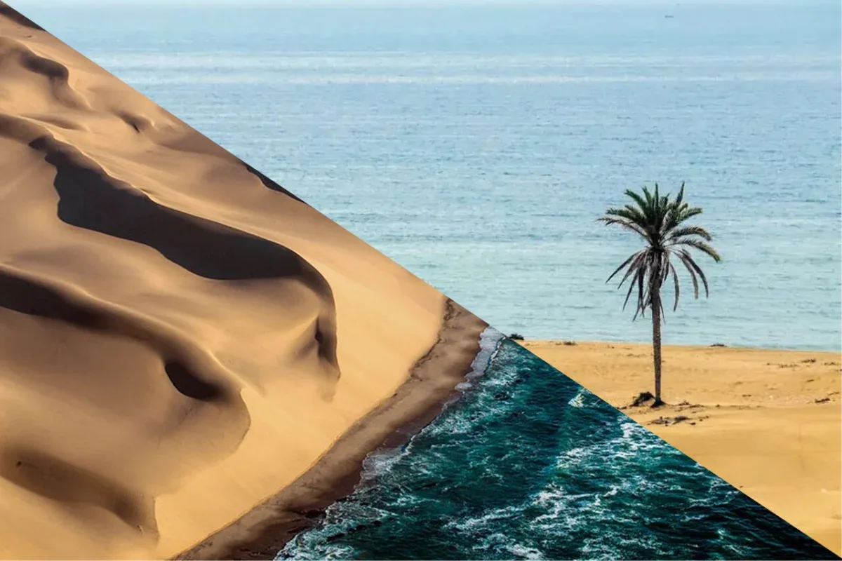ساحل درک - سواحل بیابانی نامیبیا — درک یکی از جذاب‌ترین سوژه‌های تصویری این مجموعه است؛ جایی که تپه‌های شنی تقریباً مستقیم به دریای عمان می‌رسند. این ترکیب بیابان و اقیانوس از ویژگ