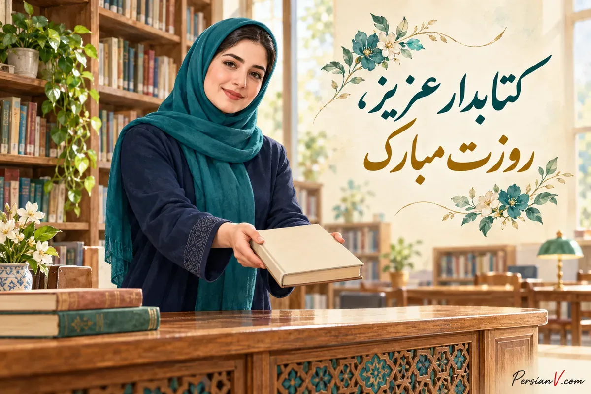 کتابدار با کتاب در کتابخانه و متن کتابدار عزیز روزت مبارک