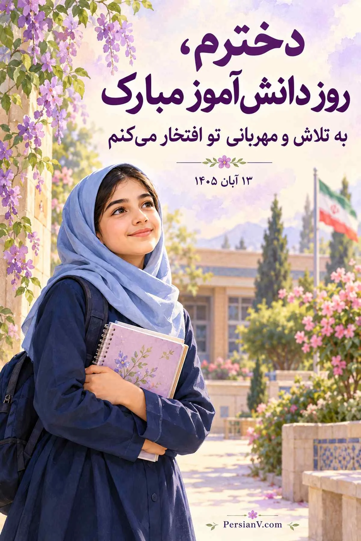 دخترم روز دانشآموز مبارک عکس نوشته روز دانش آموز دخترانه ۱۴۰۵؛ دختر دانشآموز با دفتر