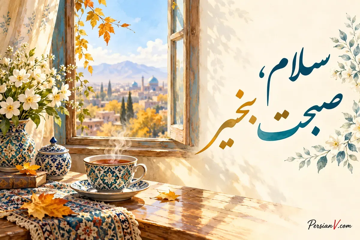 سلام صبحت بخیر؛ شروع یک روز روشن عکسنوشته سلام صبحت بخیر کنار چای و پنجره آفتابی