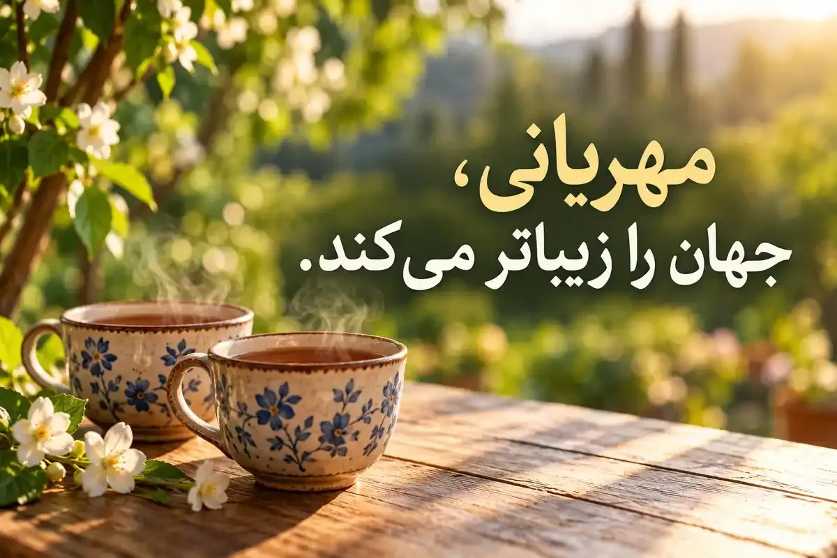 عکسنوشته زیبا درباره مهربانی عکسنوشته مهربانی با جمله «مهربانی، جهان را زیباتر میکند.» و دو فنجان چای در باغ آفتابی