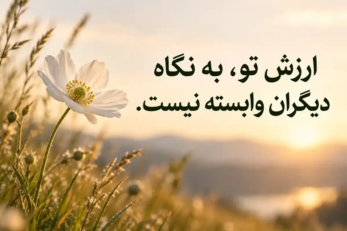 عکسنوشته زیبا درباره ارزش خود عکسنوشته ارزش خود با جمله «ارزش تو، به نگاه دیگران وابسته نیست.» و گل سفید در میان علفهای سبز