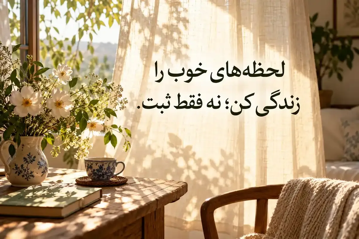 عکسنوشته زیبا درباره خاطره عکسنوشته خاطره با جمله «لحظههای خوب را زندگی کن؛ نه فقط ثبت.» و نور آفتاب روی پرده و گلهای اتاق
