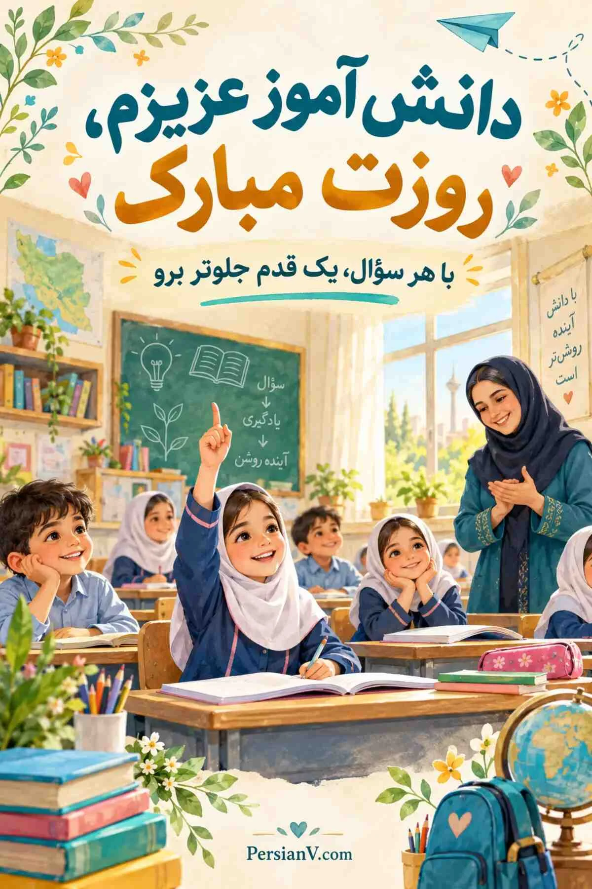 عکس‌نوشته تبریک روز دانش آموز از طرف معلم به شاگرد