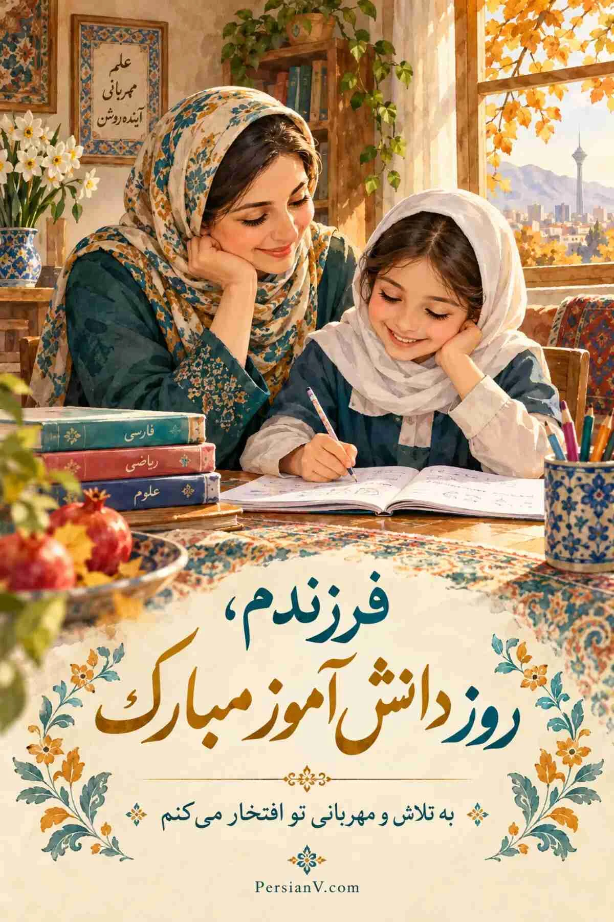 عکس‌نوشته تبریک روز دانش آموز از طرف مادر و پدر به فرزند