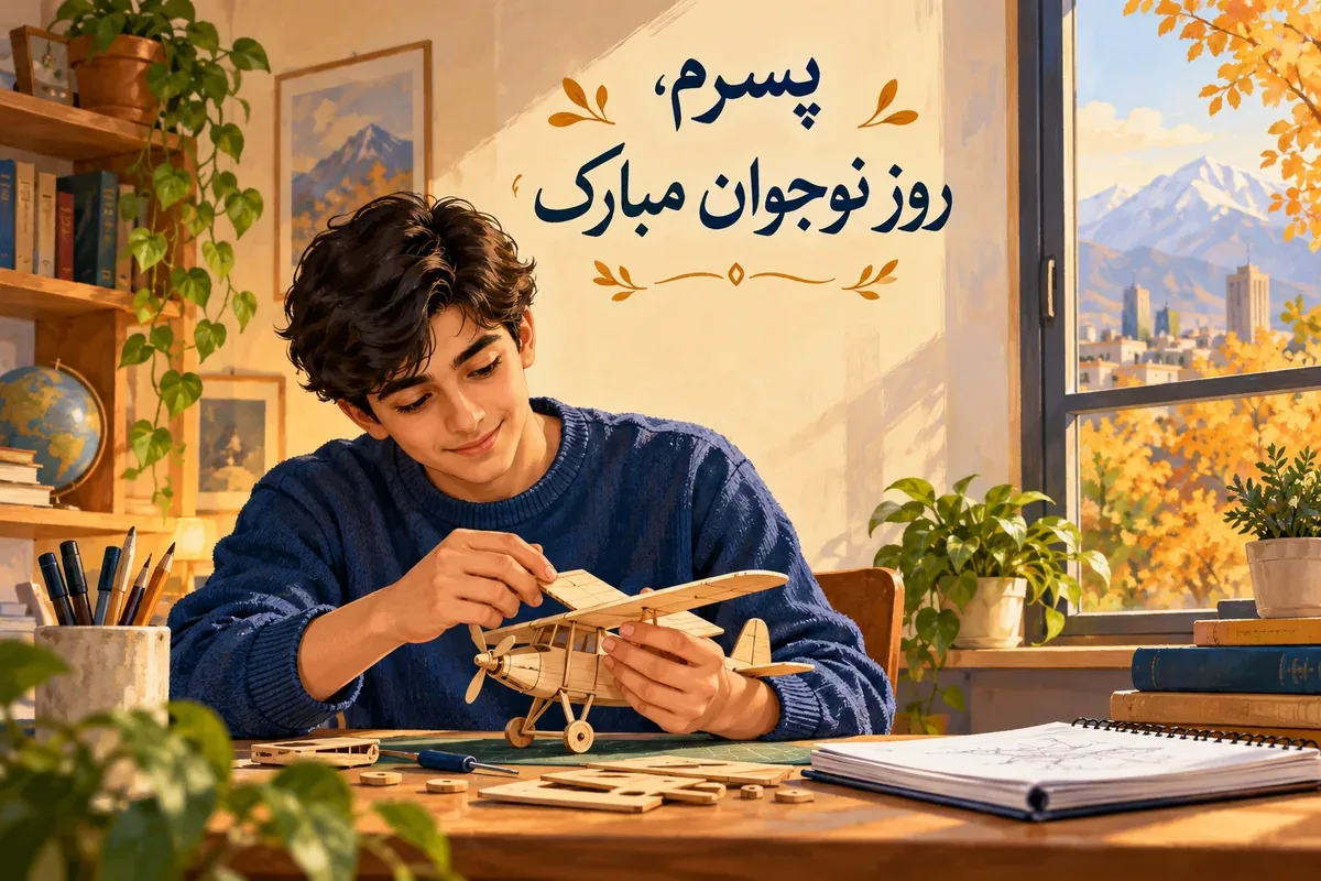 عکس‌نوشته پسرم روز نوجوان مبارک با تصویر پسر نوجوان در حال ساخت هواپیمای چوبی