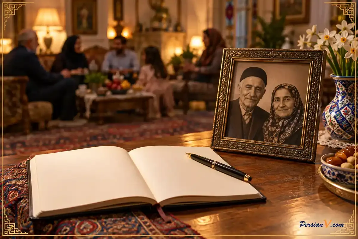 دفتر یادداشت خواب و قلم کنار قاب عکس قدیمی پدر و مادر