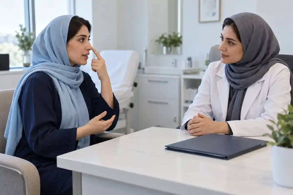 زنی با روسری آبی در حال گفت‌وگو با پزشک درباره بینی خود