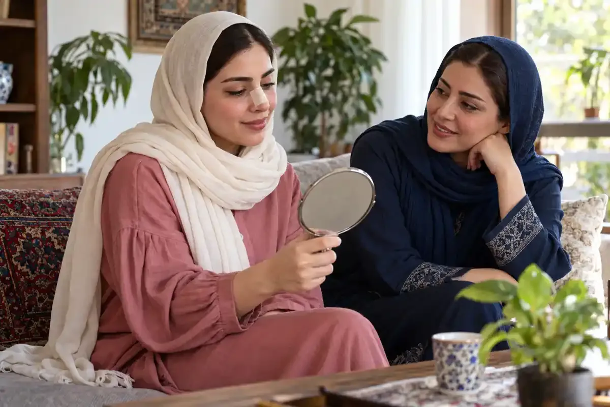 زنی با چسب روی بینی و آینه دستی در کنار دوست خود