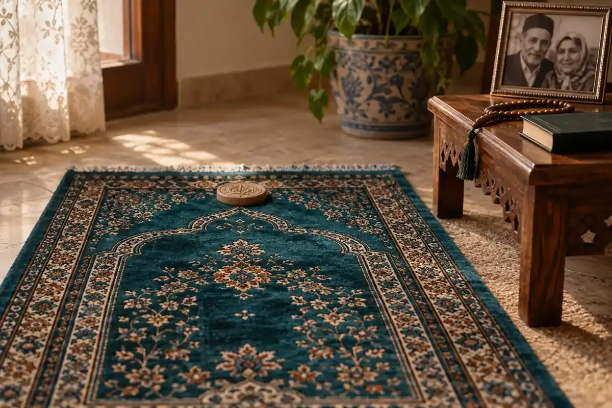 سجاده و مهر نماز کنار تسبیح و قاب عکس پدر و مادر