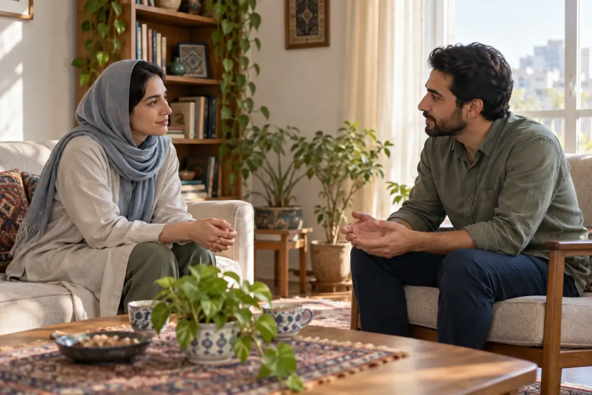 گفتوگو و آرام شدن پس از عصبانیت گفتوگوی آرام دو نفر برای روشن کردن دلخوری؛ تصویر آرام شدن پس از عصبانیت