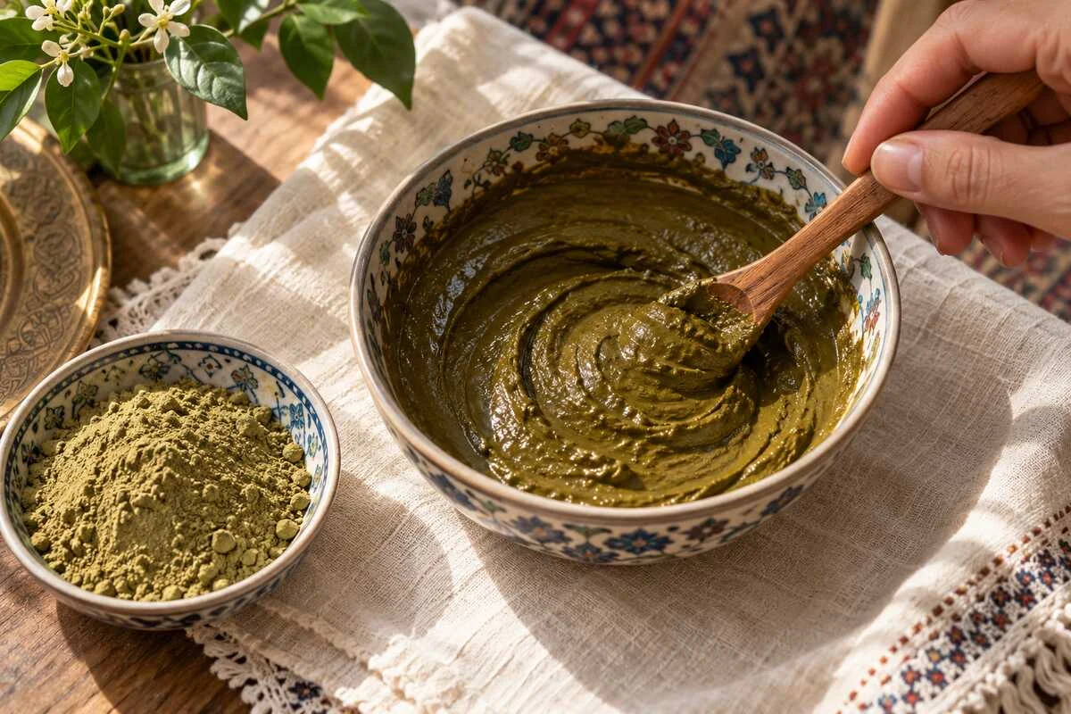 تعبیر خواب ظرف حنا و خمیر کردن آن کاسه خمیر حنا و پودر حنا روی میز برای آماده کردن حنا