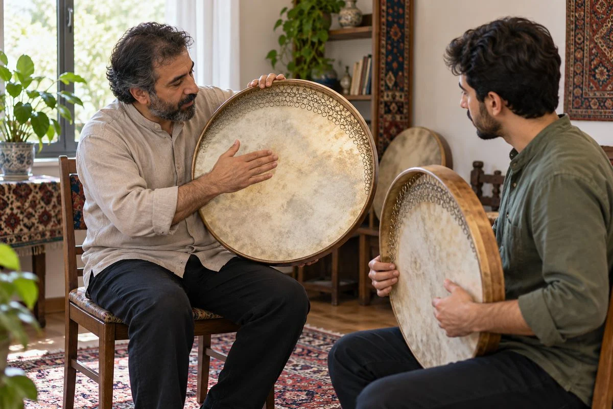 آموزش دف زدن و تمرین ریتم با راهنمایی مربی