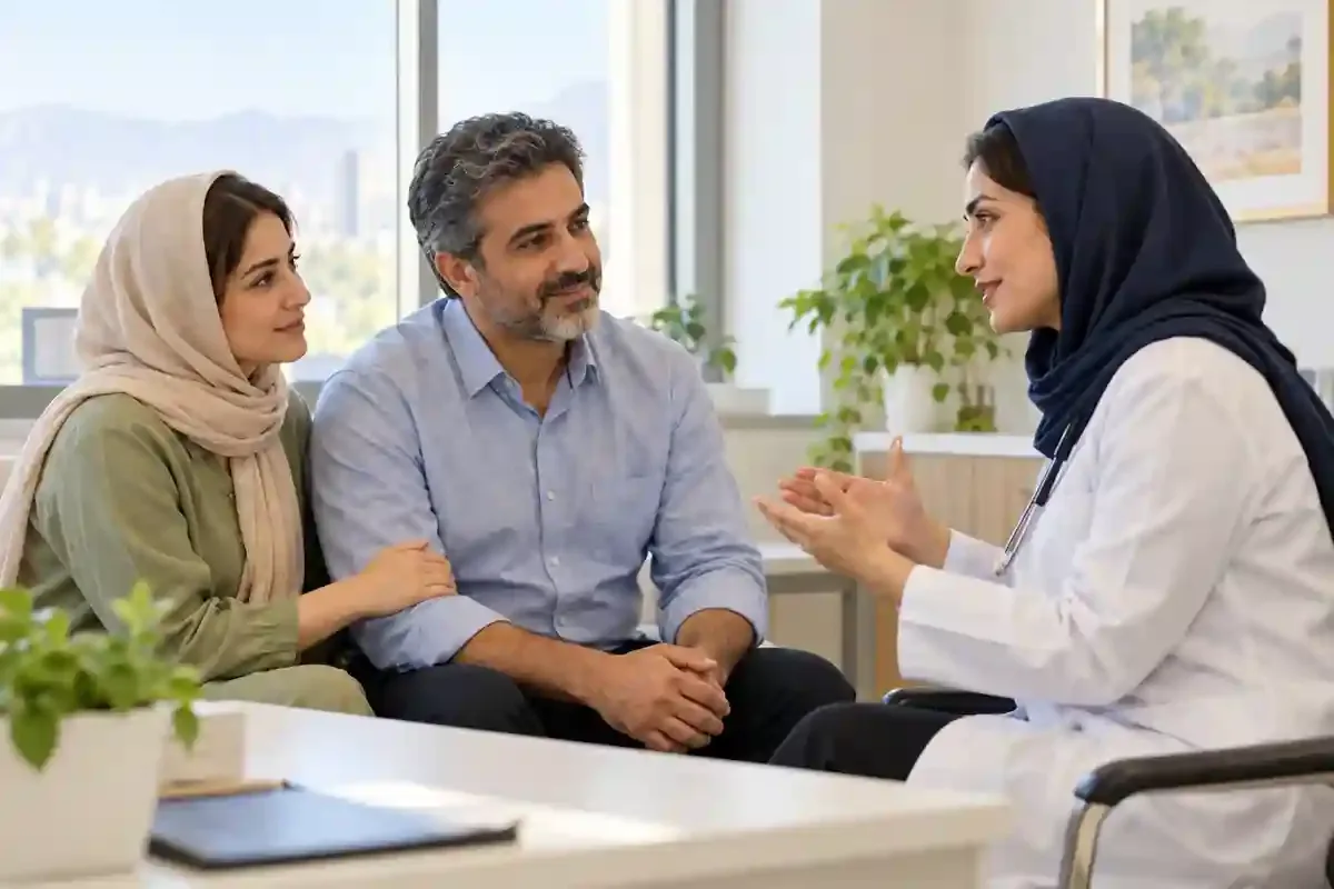 همراهی خانواده در محیط درمان مردی همراه یک زن در حال گفتوگو با پزشک در اتاق مشاوره