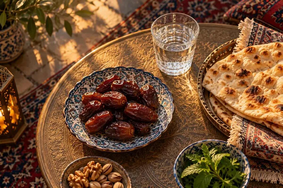 روزه رمضان و سفره افطار در خواب تعبیر خواب روزه گرفتن و رسیدن زمان افطار با خرما و آب