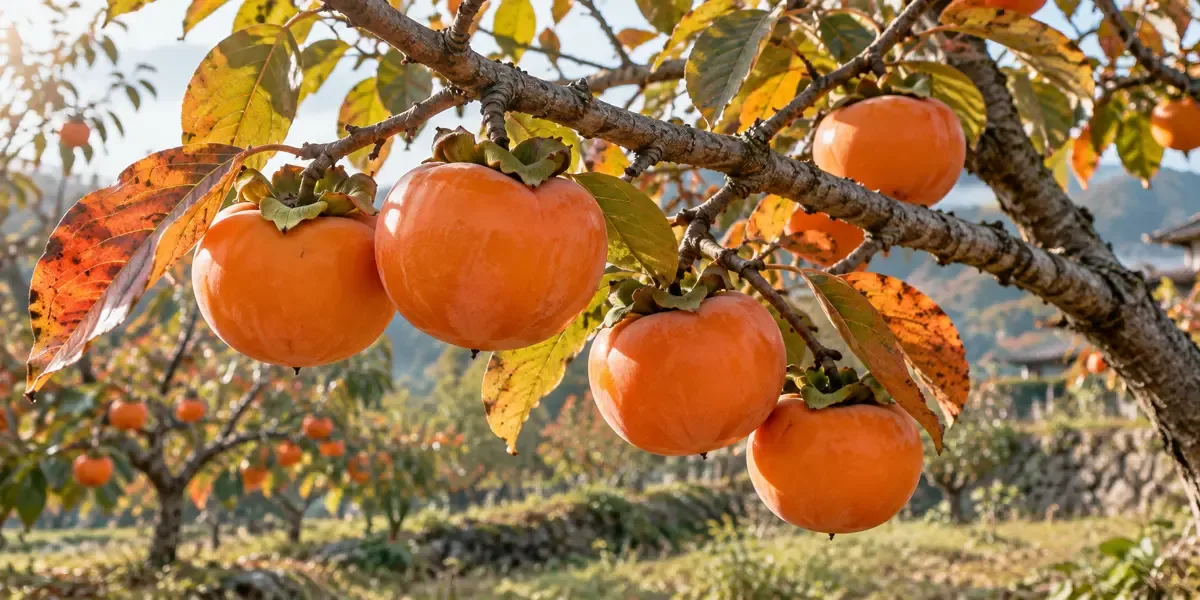 چند خرمالوی نارنجی روی شاخه کنار برگ‌های پاییزی