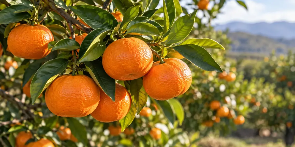 چند نارنگی نارنجی روی شاخه میان برگ‌های سبز