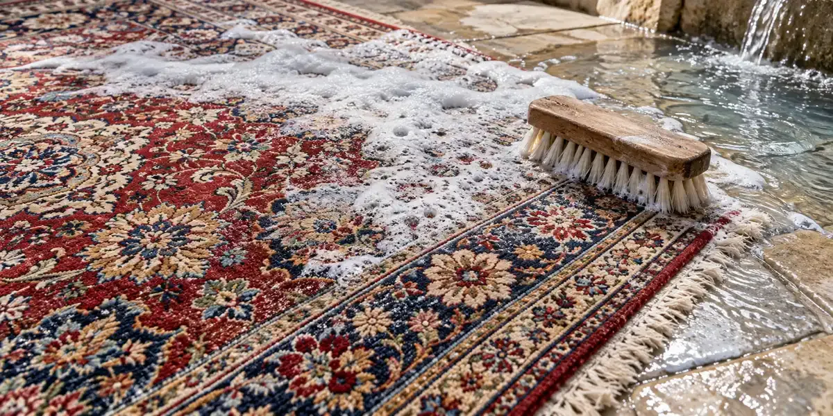 کف و برس روی فرش خیس در زمان شست‌وشو