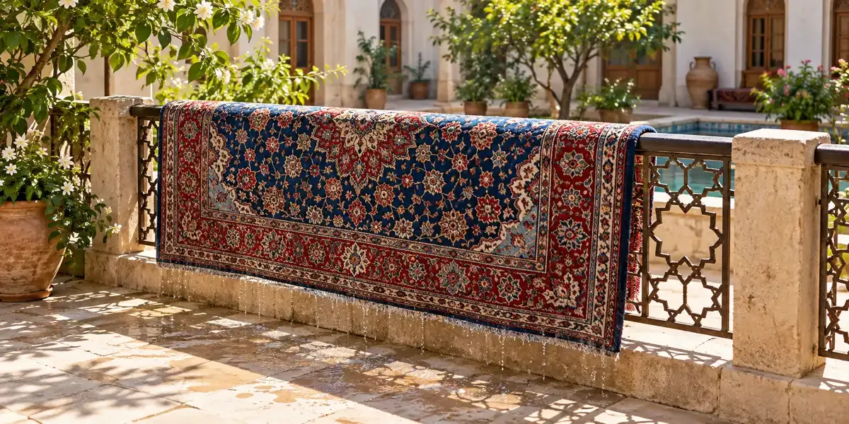 فرش شسته‌شده آویزان روی نرده حیاط برای خشک شدن