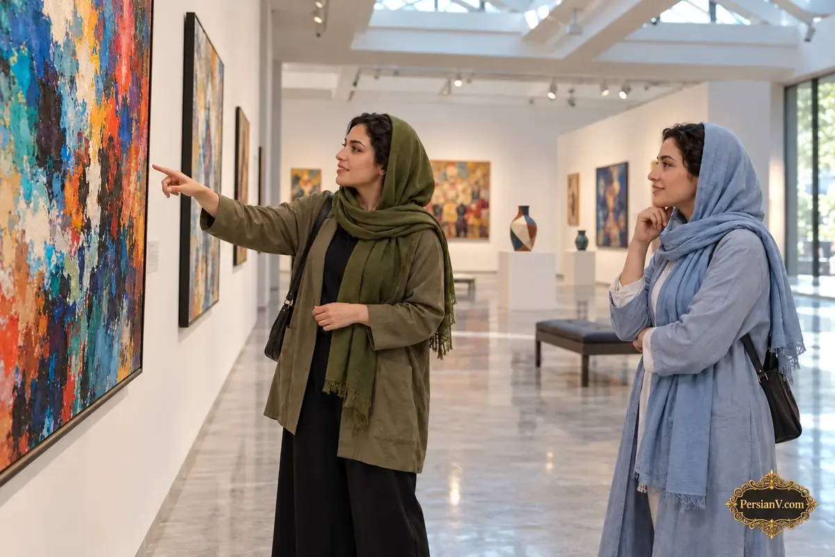 دو دوست در حال تماشای نقاشی در یک گالری