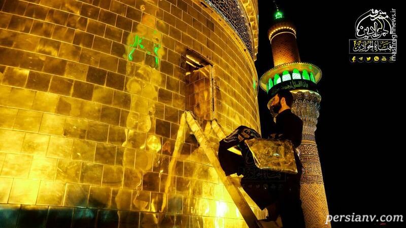 تصاویری از نصب پرچم عزا بر فراز گنبد کاظمین!