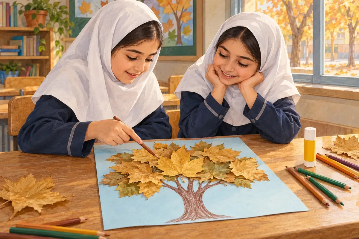 دو دانش‌آموز با مقنعه سفید در حال ساخت تابلوی درخت با برگ‌های خشک پاییزی روی مقوای آبی