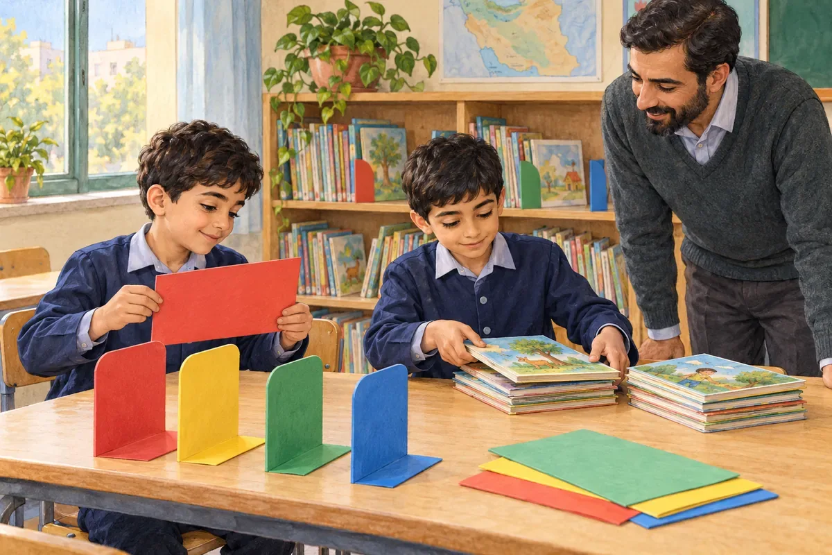 همکاری برای مرتبکردن کتابخانه کلاس دو دانشآموز و معلم در حال مرتبکردن کتابها با جداکنندههای رنگی قفسه