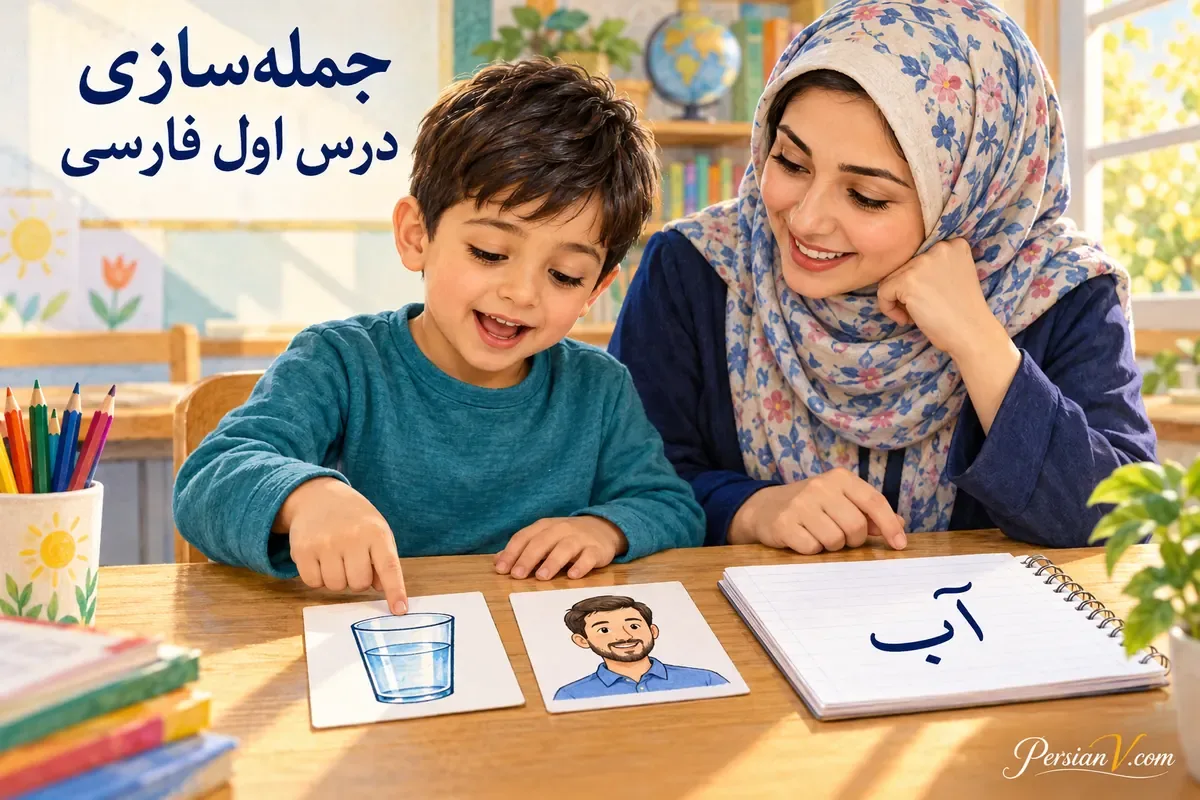 تفاوت جملهگویی و نوشتن واژه آب دانشآموز کنار معلم با کارت تصویر بابا و آب تمرین میکند و واژه آب در دفتر باز دیده میشود