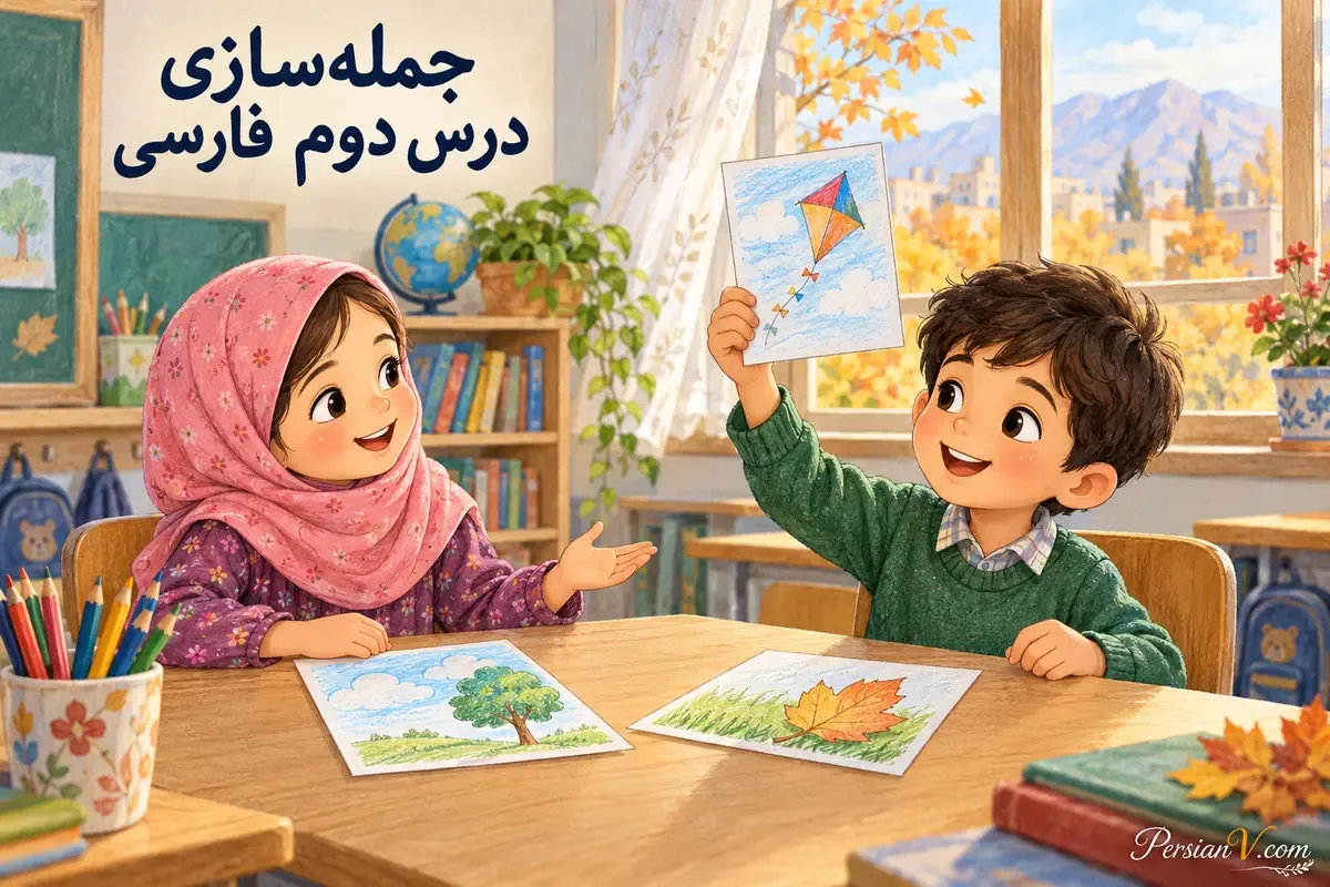 داستانگویی با تصویر ابر، برگ و بادبادک دو دانشآموز کلاس اول با نقاشی ابر، برگ و بادبادک یک داستان گفتاری میسازند