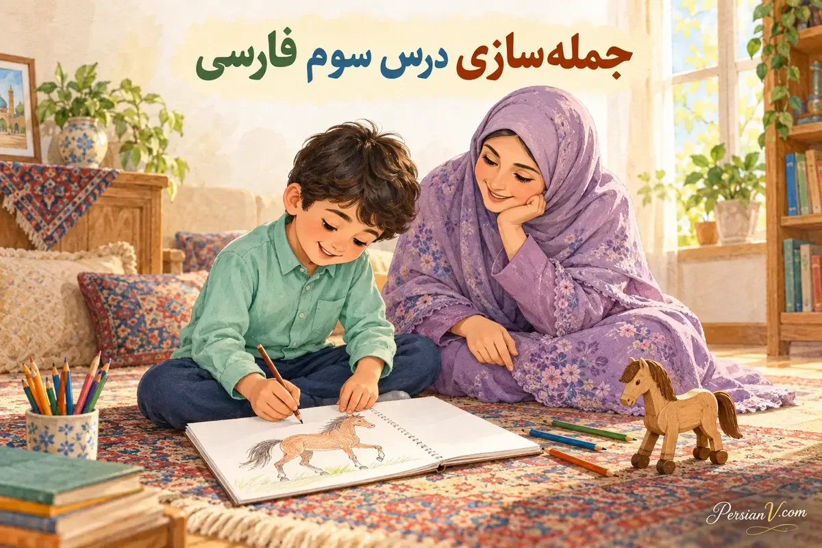 دانشآموز کلاس اول کنار مادرش جمله اسب آمد را با نقاشی تمرین میکند