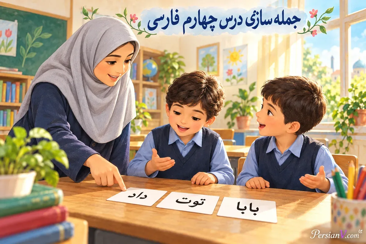 آموزگار و دو دانشآموز جمله بابا توت داد را با سه کارت میسازند