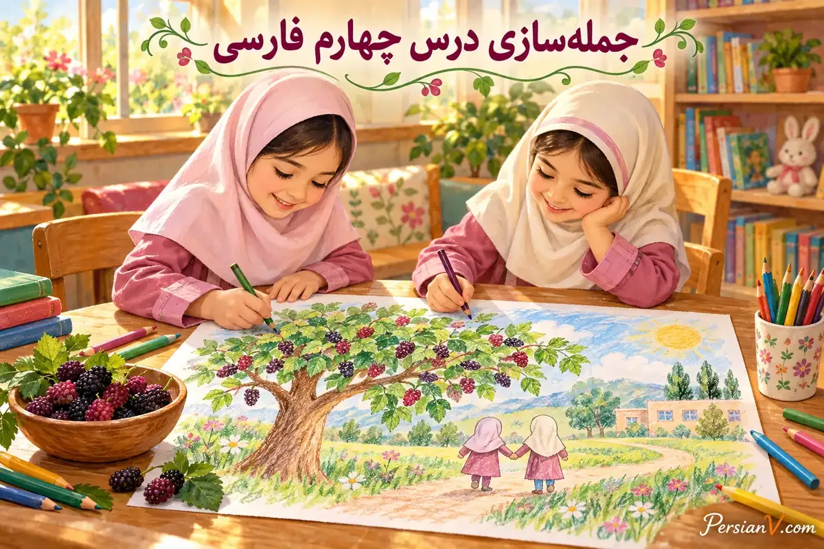 دو دانشآموز با نقاشی درخت توت و دو دوست جملهگویی میکنند