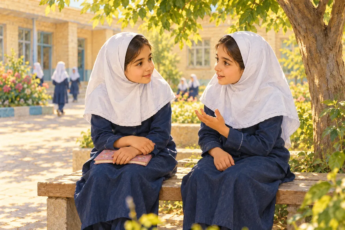 دو دختر دانش‌آموز با مقنعه سفید روی نیمکت حیاط، یکی صحبت می‌کند و دیگری با دفتر روی پا گوش می‌دهد