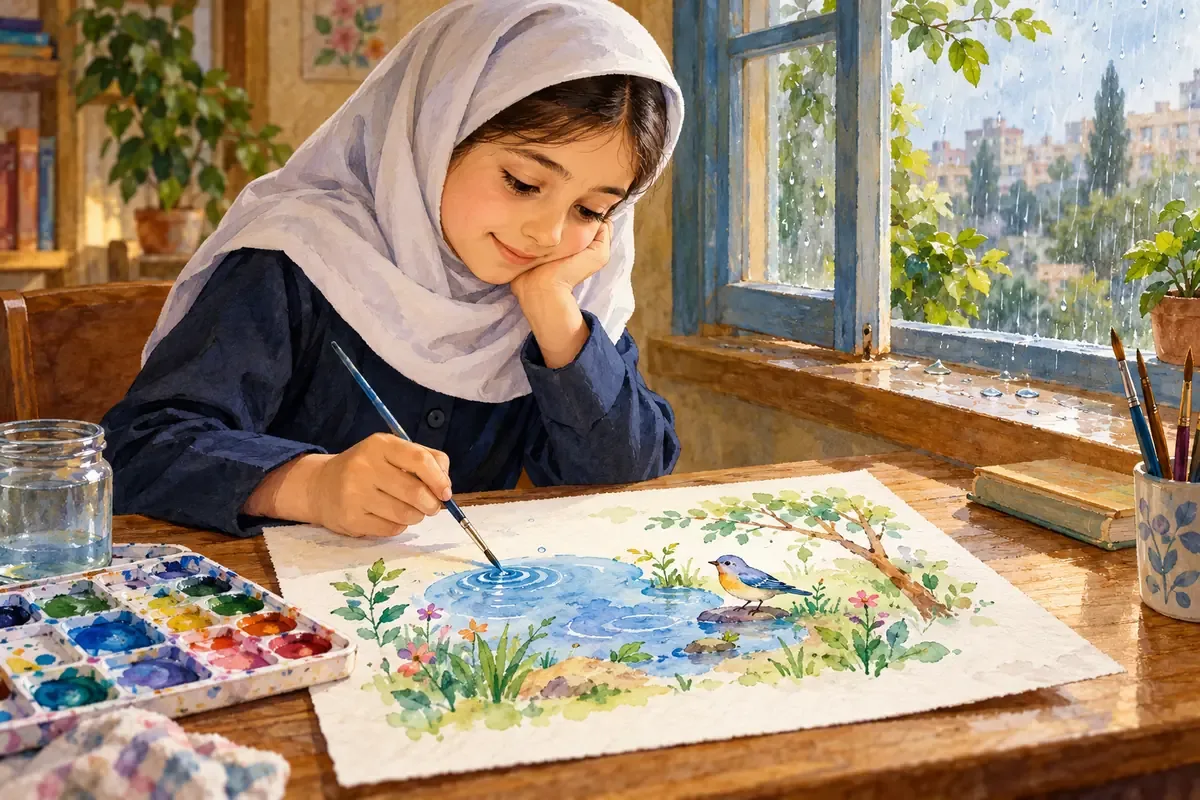 قطرهای که وارد دفتر نقاشی شد دختر دانشآموز در حال تبدیل لکه آبی به حوض کوچک در نقاشی آبرنگ