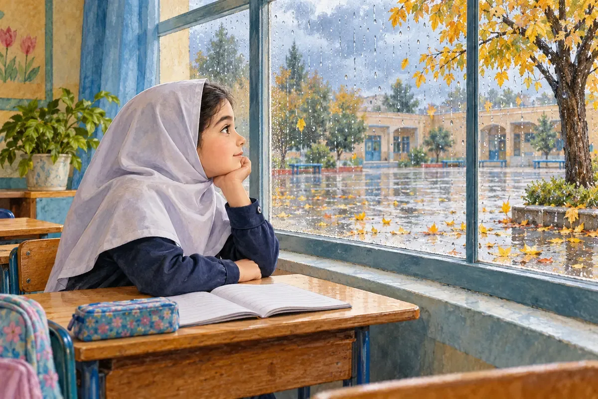 توصیف روز بارانی از پنجره کلاس دختر دانشآموز کنار دفتر باز، قطرههای باران روی پنجره و حیاط خیس مدرسه را تماشا میکند