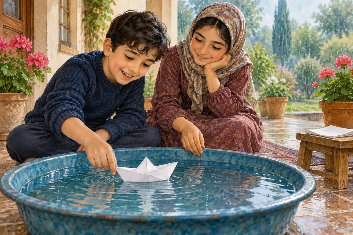 قایق کاغذی در داستان یک روز بارانی پسر و دختر در ایوان خانه، قایق کاغذی سفیدی را در لگن آبی کمعمق روی آب شناور کردهاند