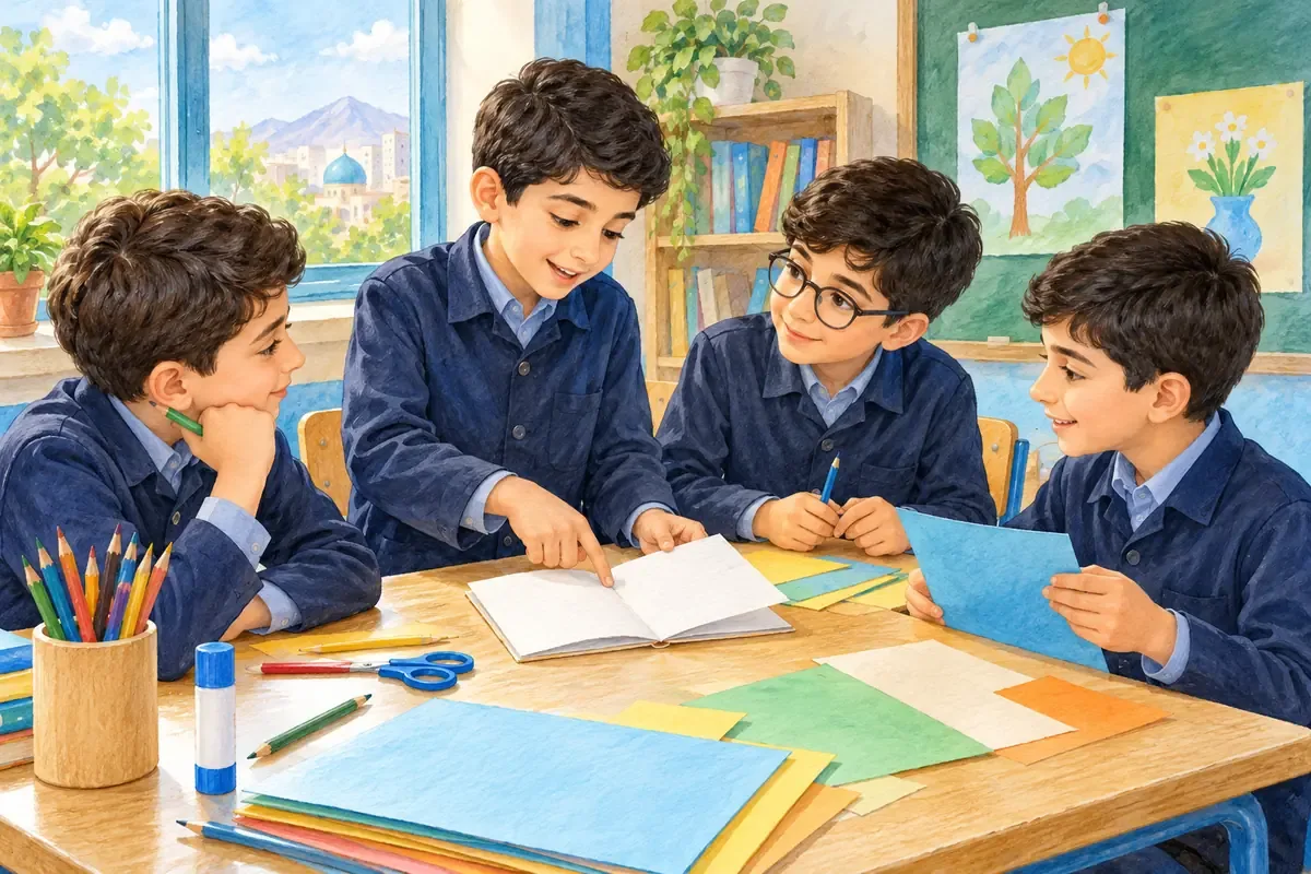 کار گروهی در روز دانشآموز تصویر چهار دانشآموز در حال همکاری برای ساخت کتابچه و کار گروهی در کلاس
