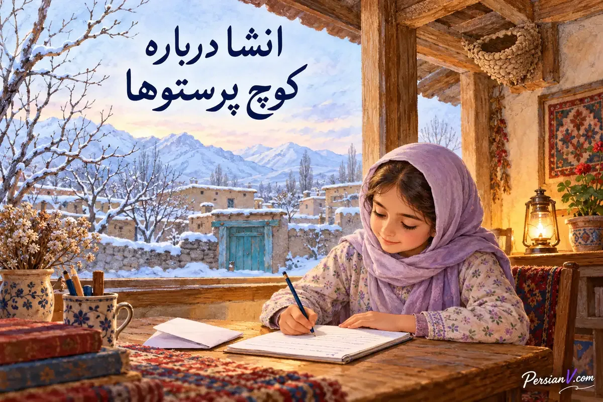 نامه به لانه خالی پس از کوچ پرستوها دختر دانشآموز با روسری بنفش در کنار پنجره درباره لانه خالی پرستوها نامه مینویسد