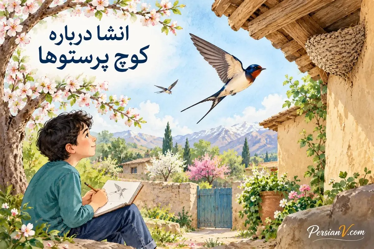 بازگشت بهاری پرستوها و دفتر نقاشی پسر دانشآموز زیر درخت شکوفهدار پرستوی بازگشته به حیاط را در دفتر نقاشی میکشد