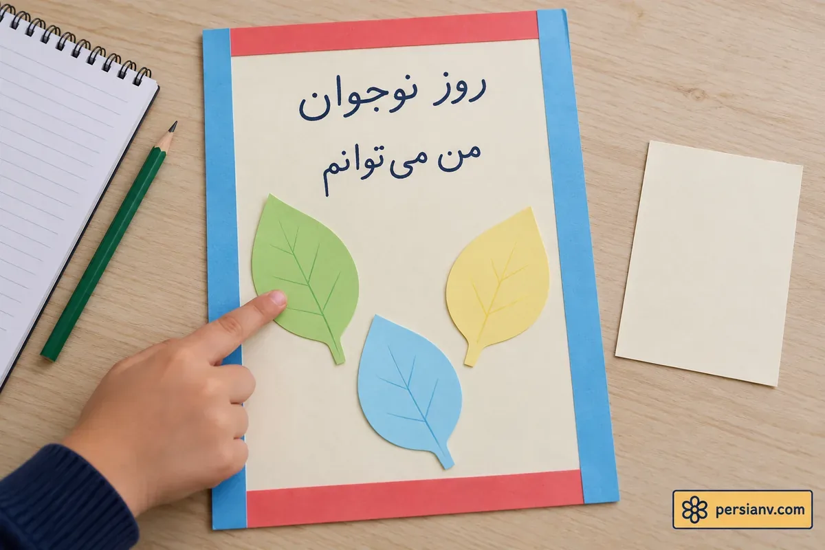 تکمیل و معرفی قاب روز نوجوان در کلاس اشاره دانشآموز به برگ سبز قاب کاردستی روز نوجوان