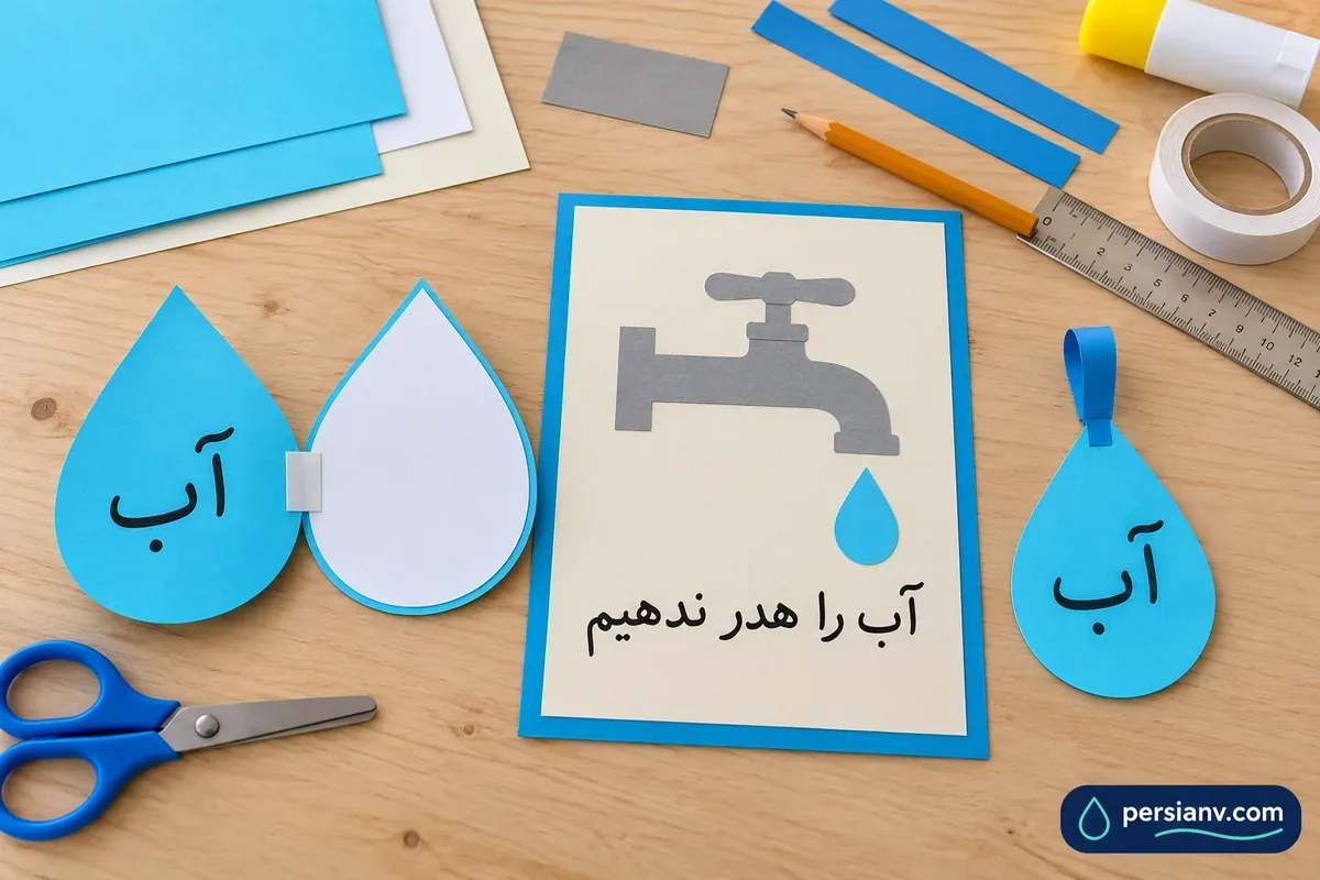 وسایل و نمونههای کاردستی آب با کاغذ و مقوا کاغذ آبی، مقوا، چسب و قیچی کنار نمونههای کاردستی آب