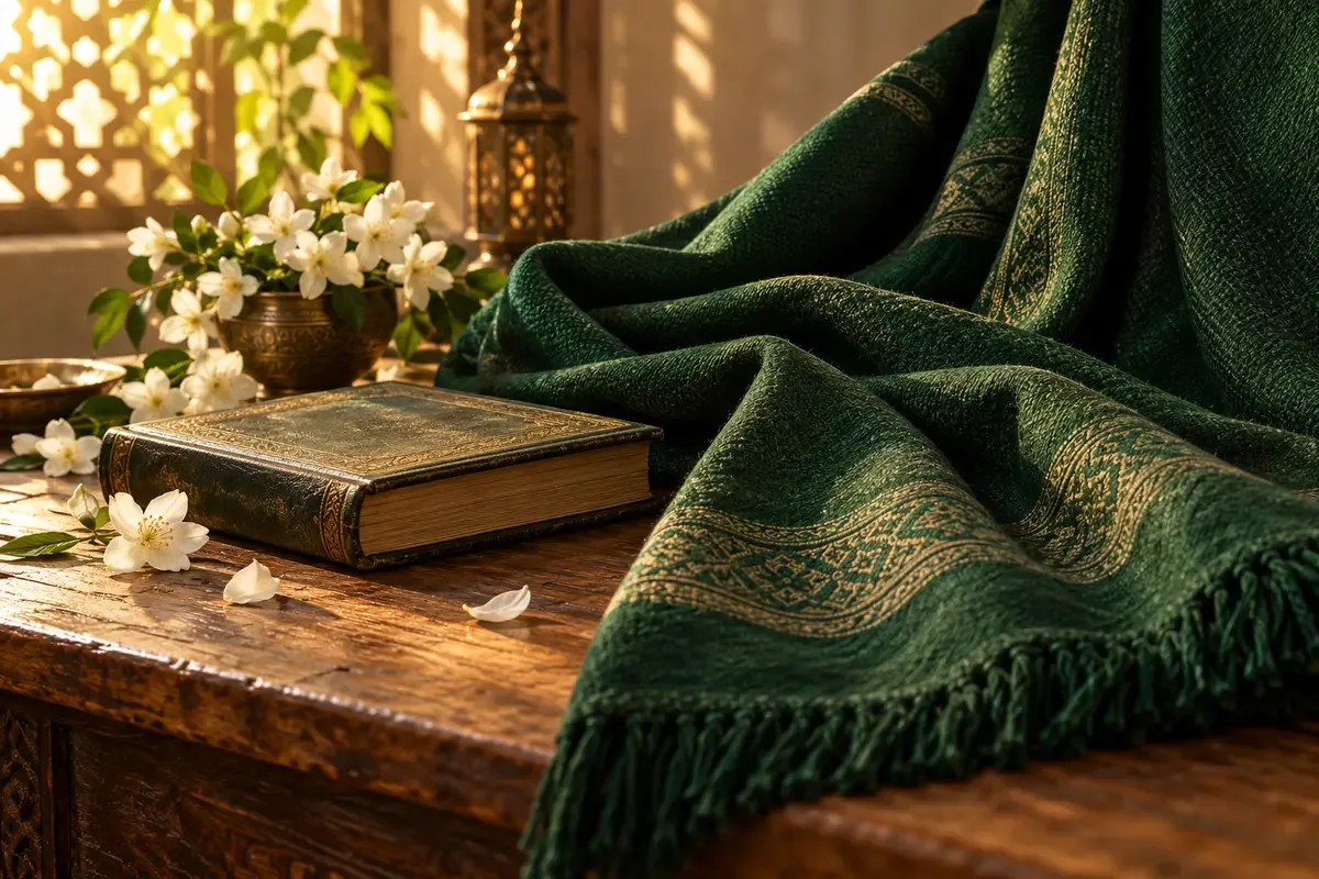 متن حدیث کساء با ترجمه فارسی تصویر نمادین پارچه سبز و کتاب دعا برای حدیث کساء