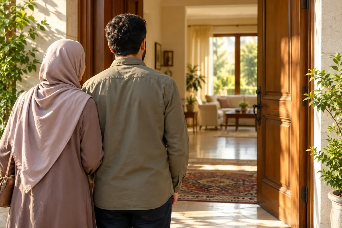 زن و مردی با پوشش ساده از پشت در آستانه خانه روشن
